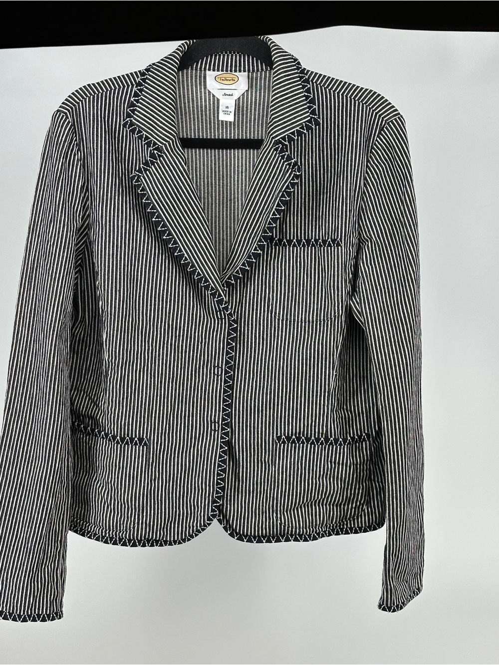 Talbots Size 16 Denim Black and White Pinstripe Blazer with Zigzag Trim